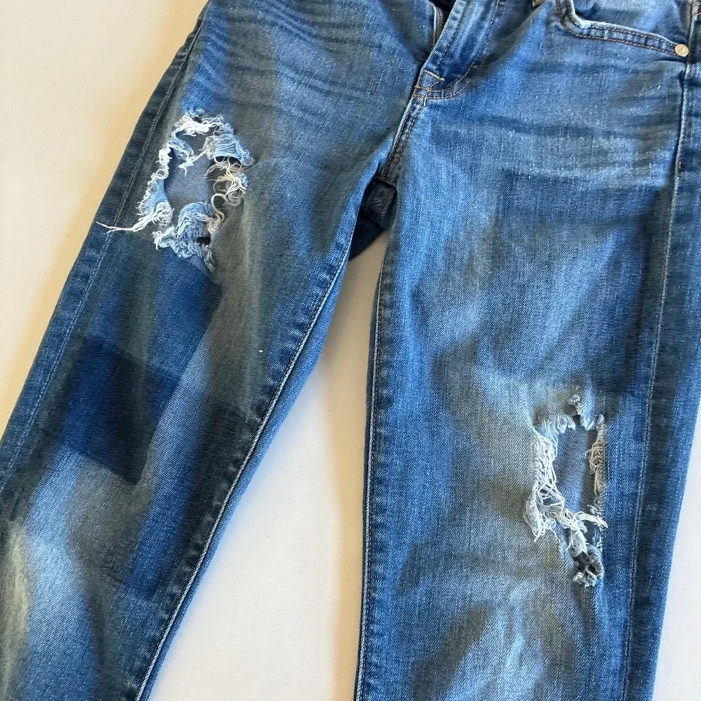7 For All Mankind Womens Distressed Skinny Jeans Blue Denim Size 24 Ripped Patch